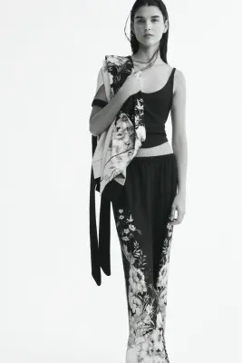 Pantalon en viscose mélangée avec taille élastique - Noir/fleuri — photo 3
