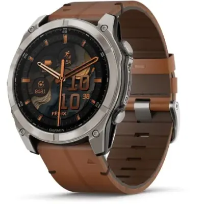 Garmin Fenix 8 Amoled 51mm Verre Sapphire lunette titane bracelet cuir marron + silicone noir 010-02905-40 — photo 2