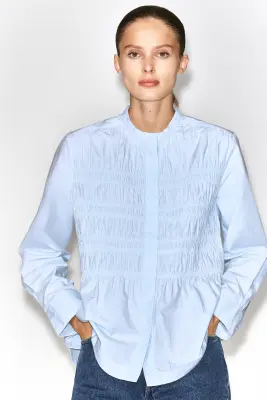 RUCHED COTTON BLOUSE - BLEU — photo 3