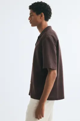 Chemise Relaxed Fit en lin mélangé avec col cubain - Marron foncé — photo 3
