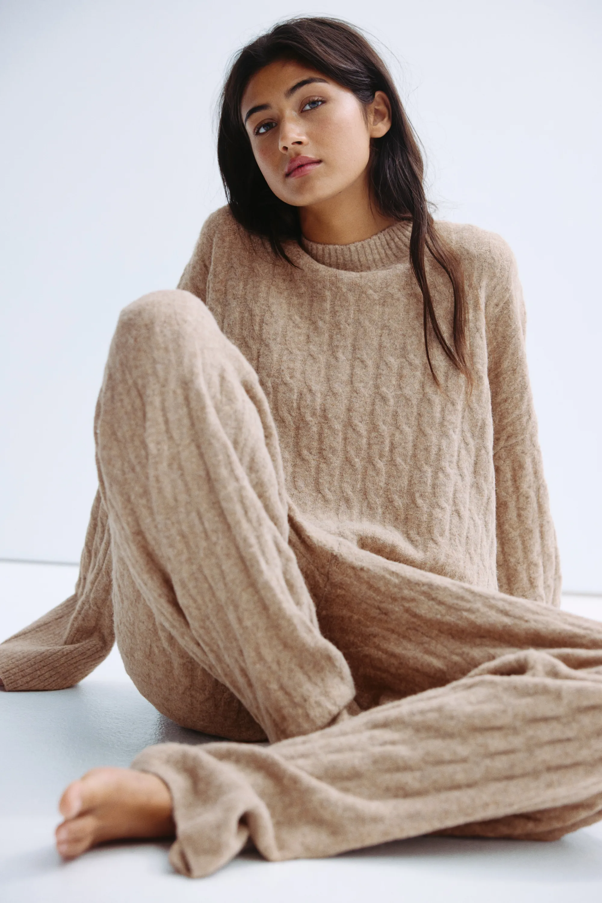 Pantalon en maille torsadée - Beige foncé chiné