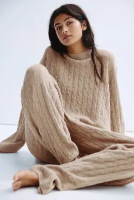 Pantalon en maille torsadée - Beige foncé chiné — photo 1