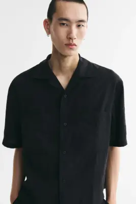 Chemise à col cubain Relaxed Fit en modal mélangé - Noir — photo 1