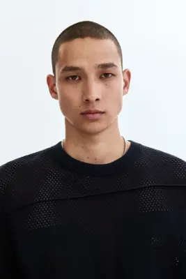 T-shirt boxy Relaxed Fit en maille ajourée - Bleu marine — photo 2