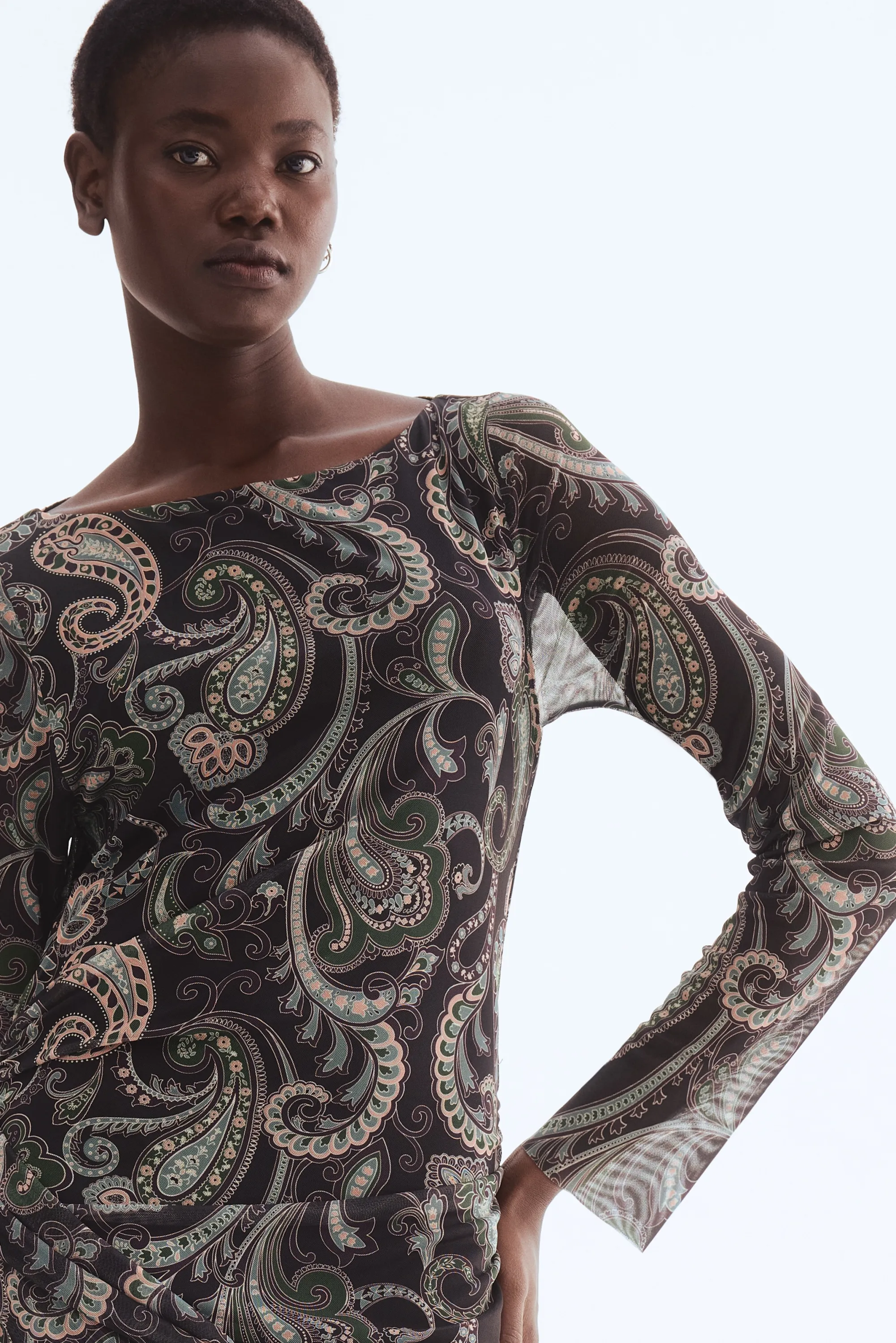 Robe en mesh à effet drapé - Marron foncé/motif cachemire
