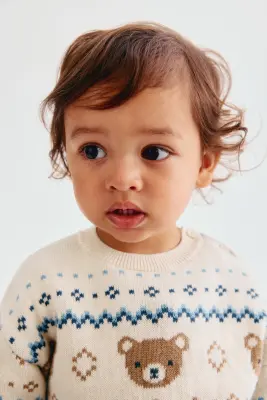 Pull en maille de coton jacquard - Beige clair/motif — photo 1