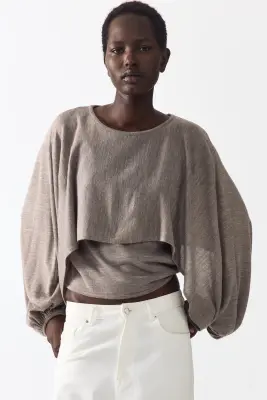 Top superposé en maille fine - Taupe — photo 2