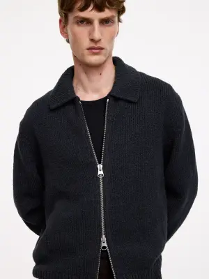 Cardigan zippé en coton mélangé - Bleu foncé — photo 3