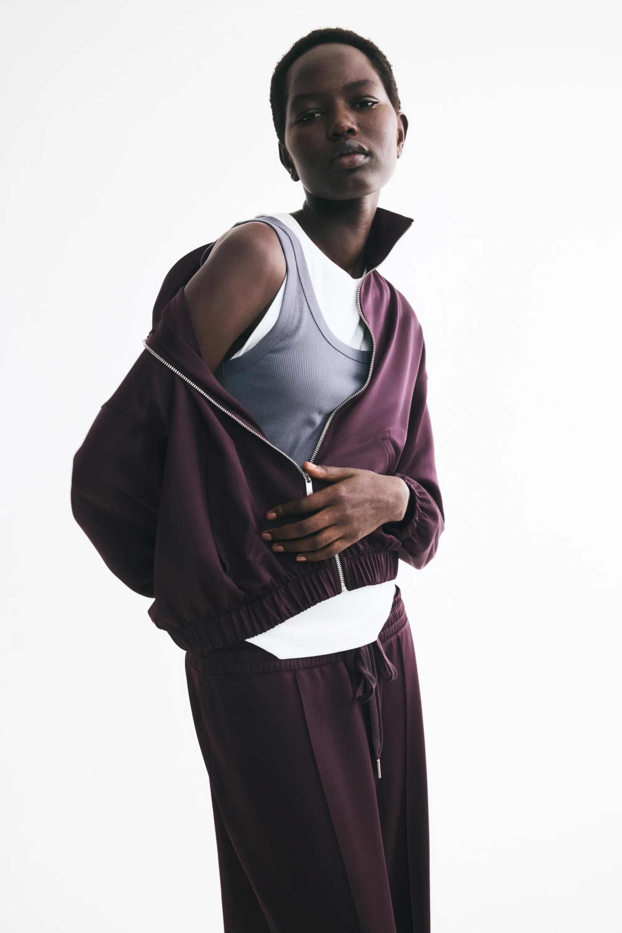 Veste de survêtement finement côtelée - Violet foncé