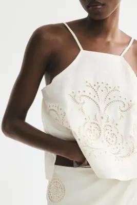 Top en lin mélangé avec broderie anglaise - Crème — photo 3
