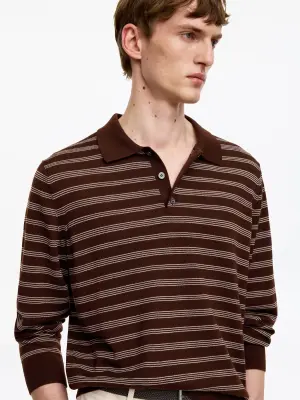 Pull polo en laine mérinos - Marron/Rayures — photo 3