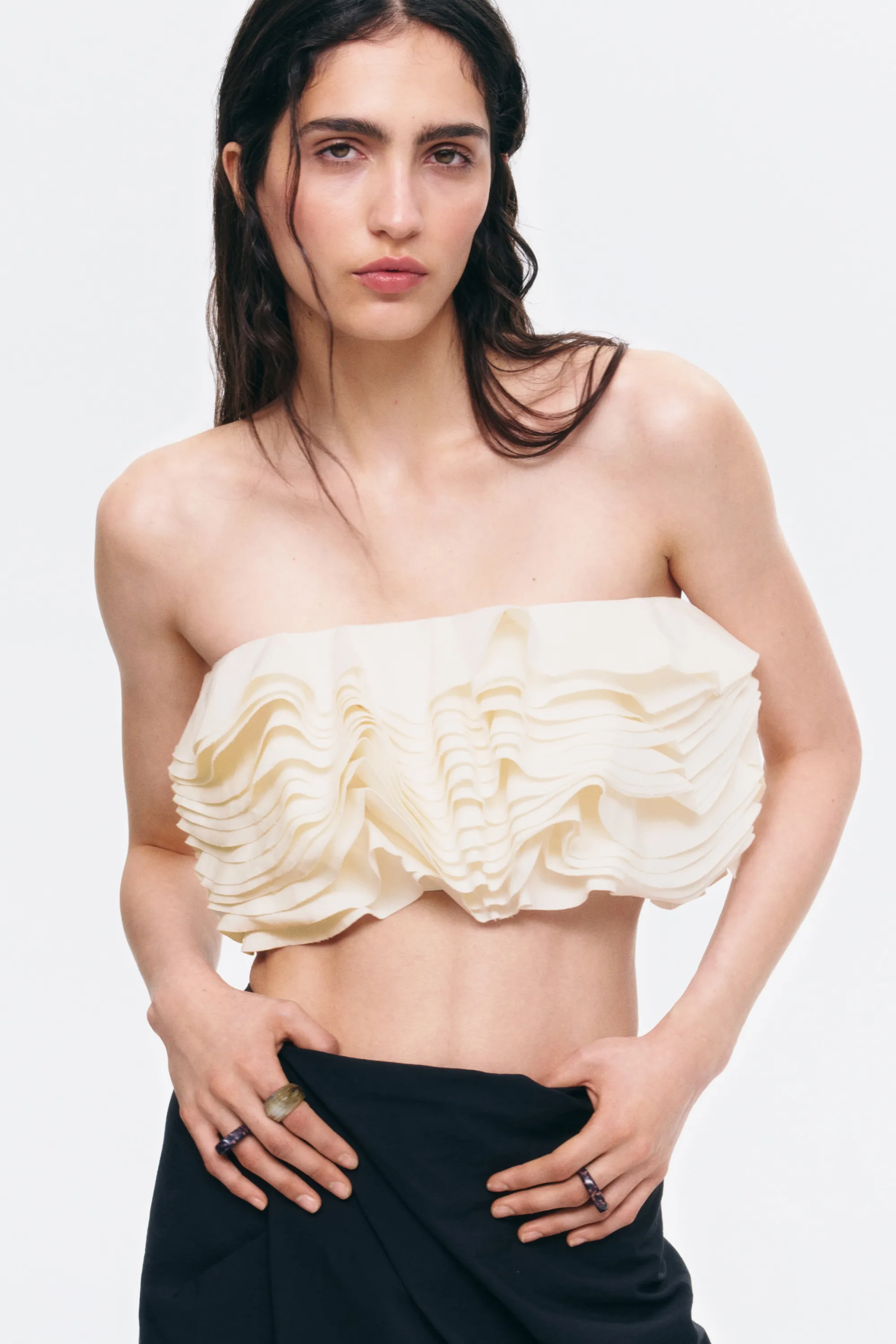 Crop top bandeau volanté - Crème