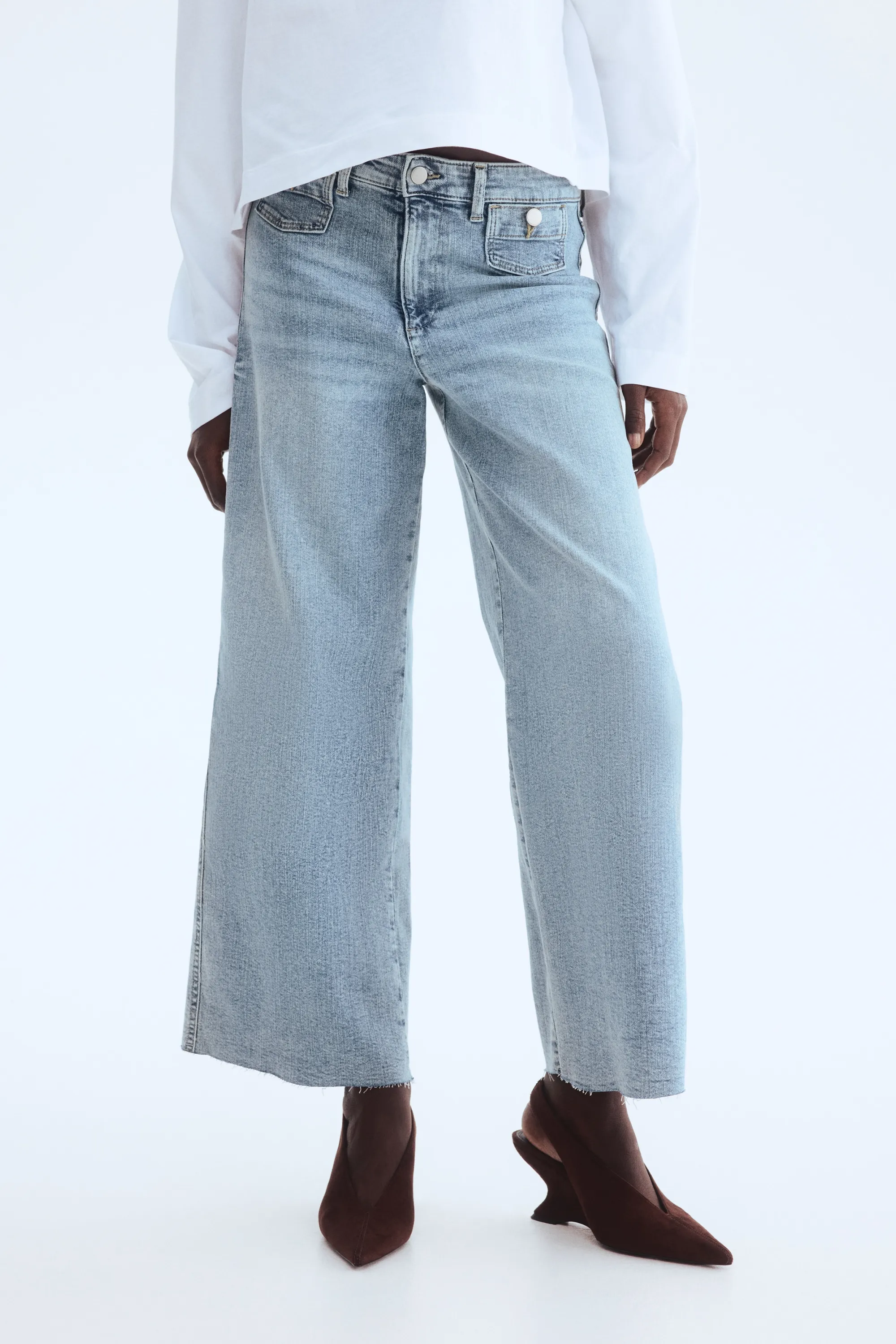 Wide High Waist Ankle Jeans - Bleu denim clair