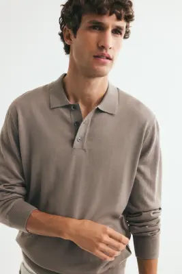 Polo Regular Fit en laine mérinos - Taupe — photo 2