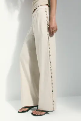 Pantalon ornementé en lin mélangé - Beige clair — photo 1