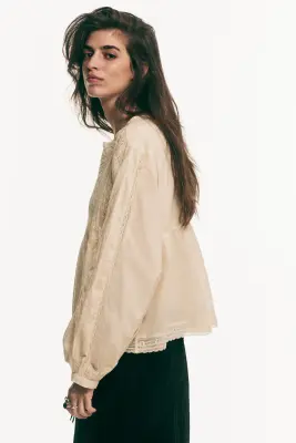 Blouse en coton avec dentelle - Beige clair — photo 2