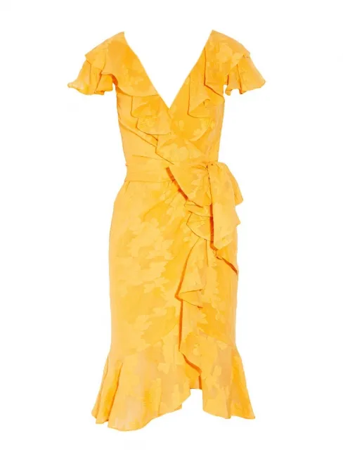 Robe à volants décolleté V en jacquard georgette fleuri jaune tournesol Prix boutique 2300€ Taille 36