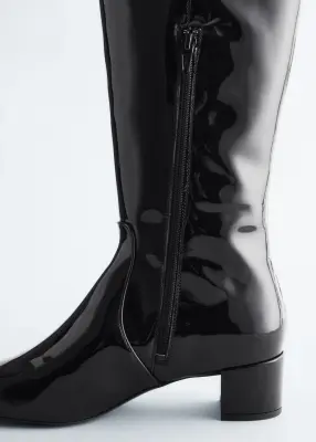 Bottes hauteur genou à talons en cuir - Verni noir — photo 3