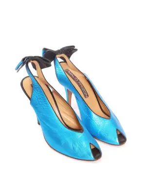 Escarpins slingback peep toe en cuir métallisé bleu et noir Taille 37 — photo 2