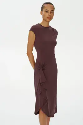 Robe en jersey avec panneau drapé - Marron foncé — photo 3