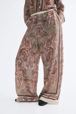 Pantalon en viscose mélangée avec taille élastique - Beige clair/motif cachemire — photo 1