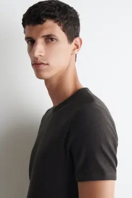 T-SHIRT SLIM EN COTON CÔTELÉ - BRUN — photo 2