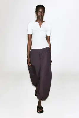 PANTALON BALLON EN COTON FLUIDE - BRUN — photo 1