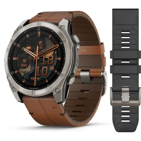 Garmin Fenix 8 Amoled 51mm Verre Sapphire lunette titane bracelet cuir marron + silicone noir 010-02905-40