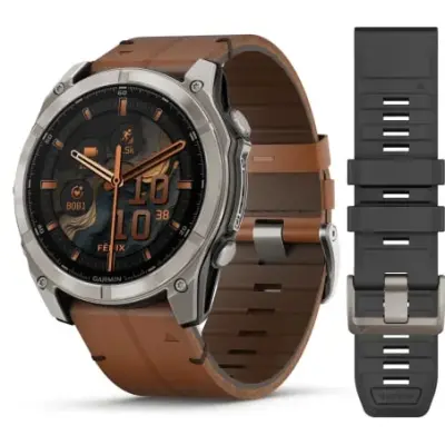 Garmin Fenix 8 Amoled 51mm Verre Sapphire lunette titane bracelet cuir marron + silicone noir 010-02905-40 — photo 1