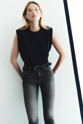 Slim Straight High Waist Ankle Jeans - Gris denim foncé — photo 2