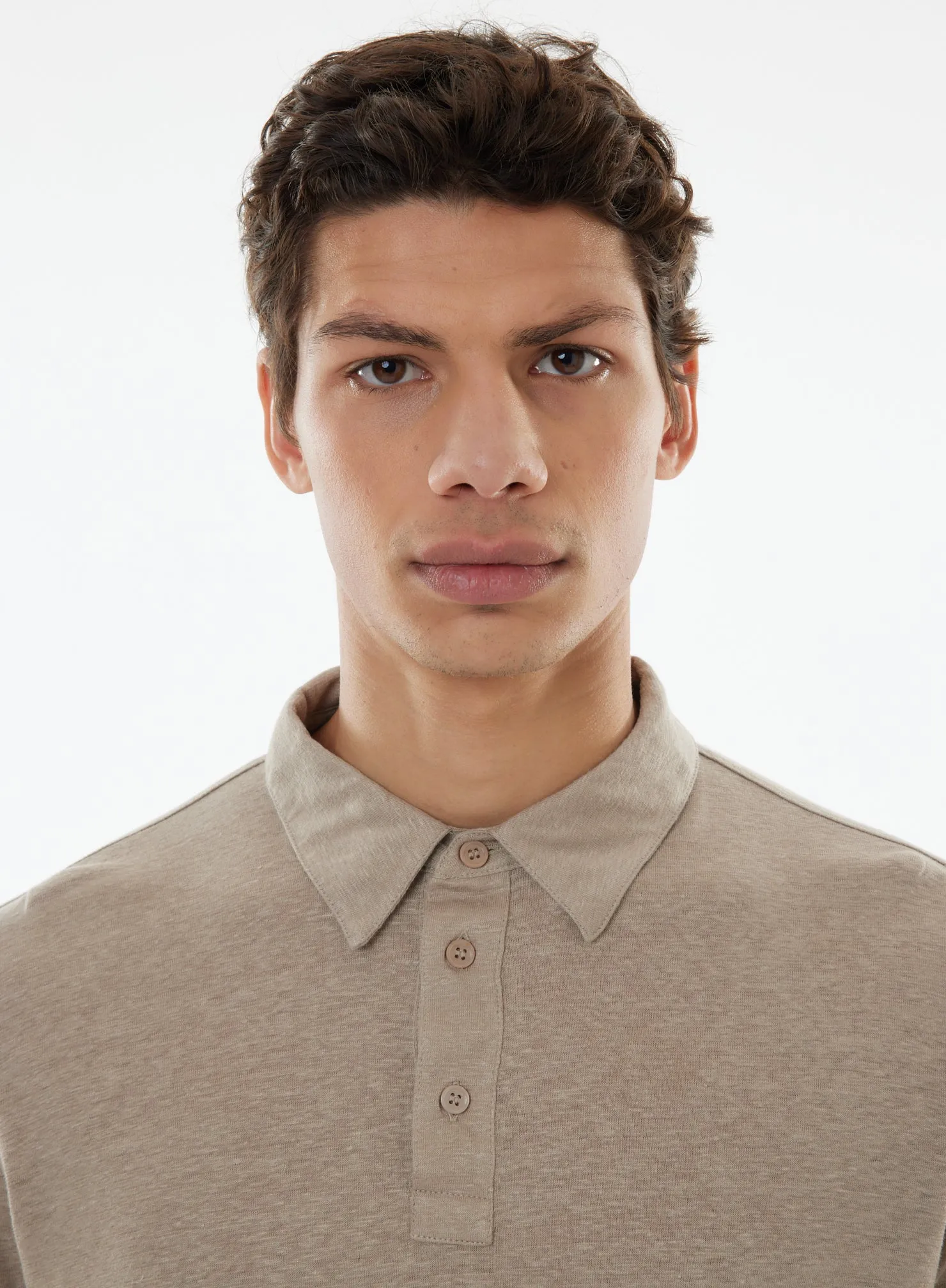 Polo Beige Manches Longues en Lin / Elasthanne