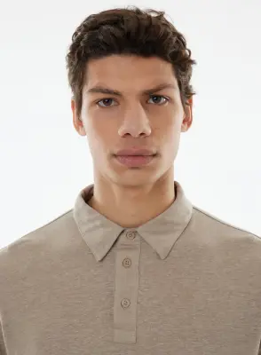 Polo Beige Manches Longues en Lin / Elasthanne