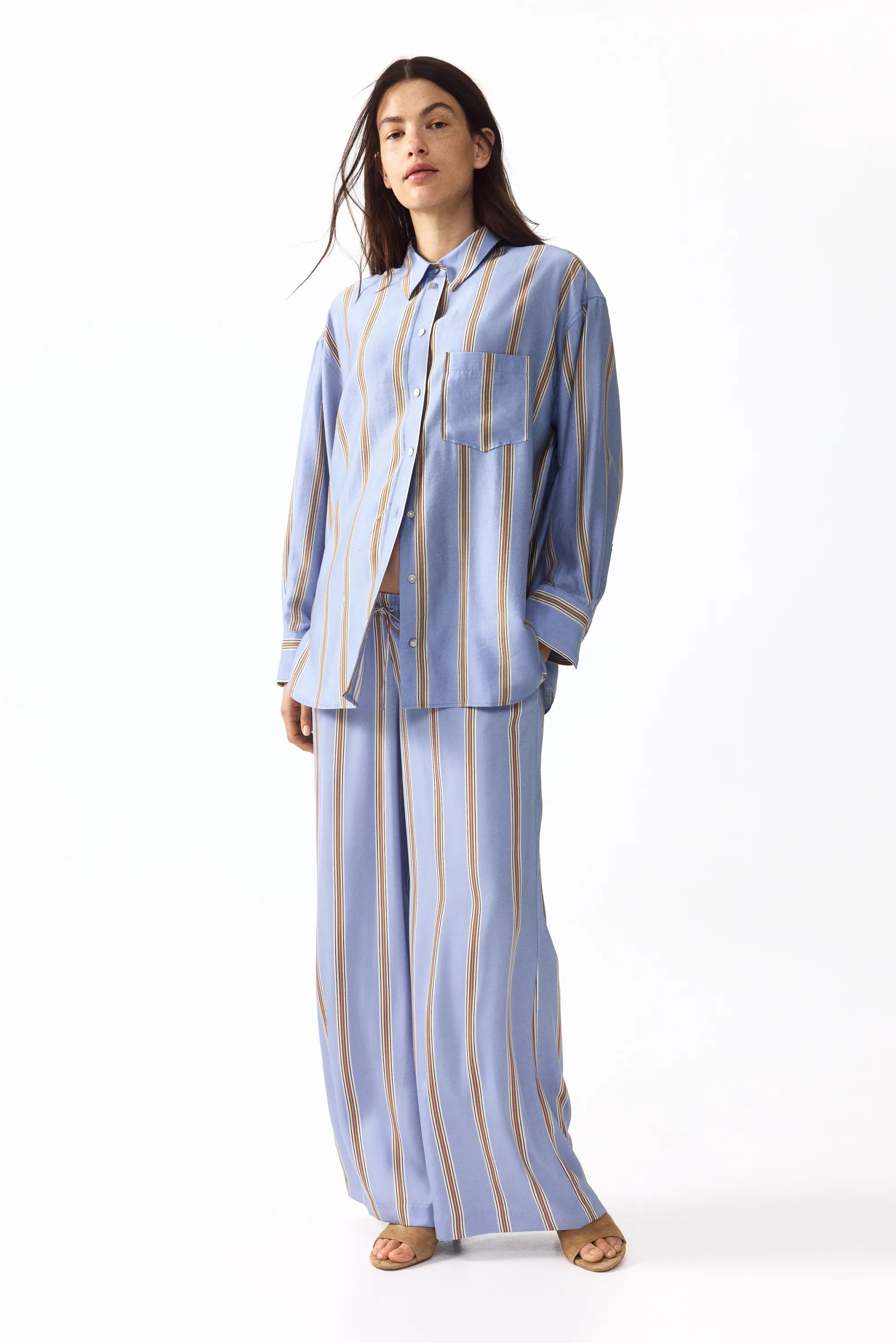 MAMA Pantalon à cordon en denim avec jambes larges - Bleu clair/rayé