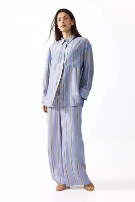 MAMA Pantalon à cordon en denim avec jambes larges - Bleu clair/rayé — photo 1