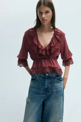 Blouse péplum volantée - Rouge rouille — photo 2