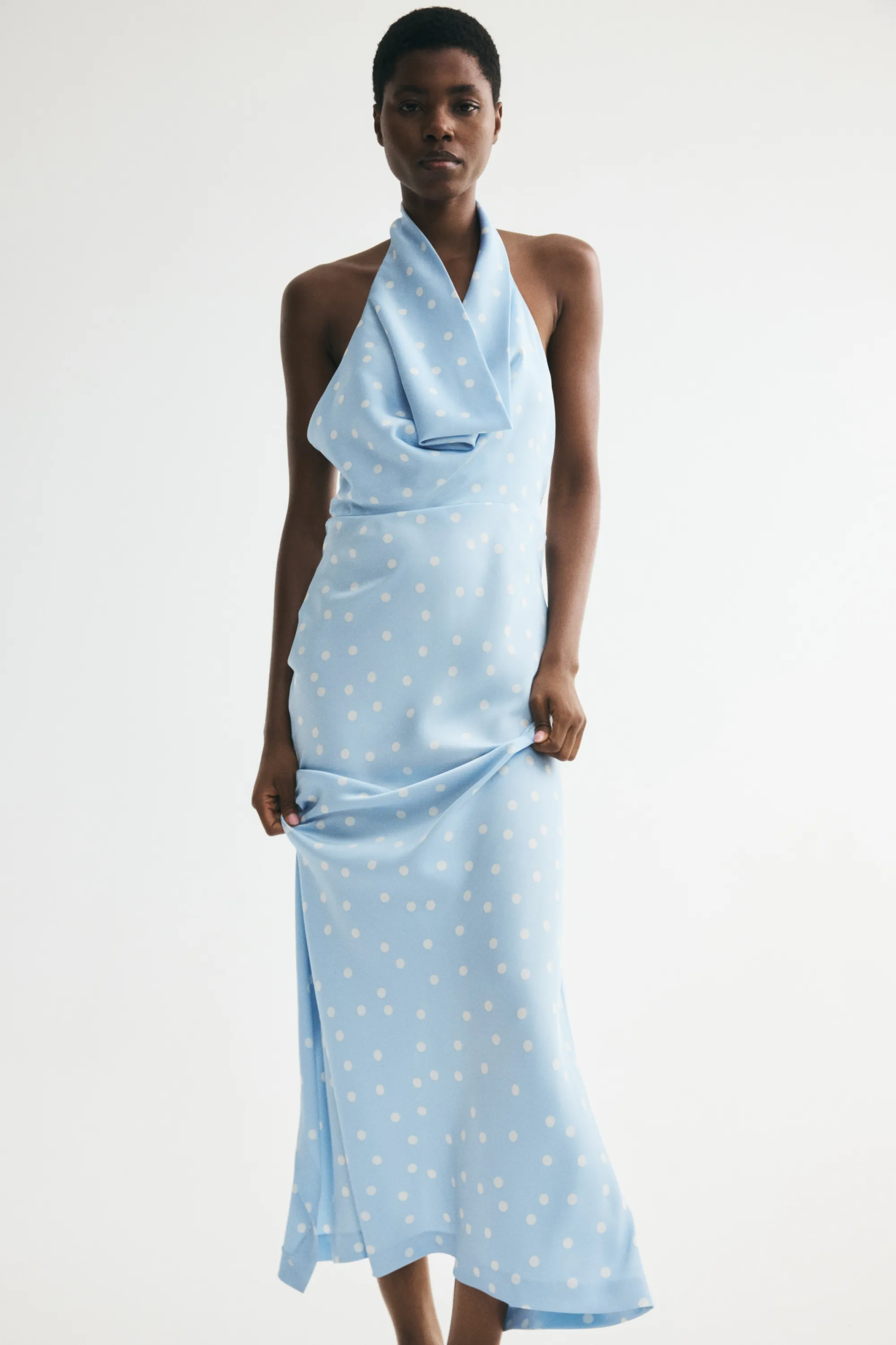 Robe à encolure bénitier - Bleu clair/pois