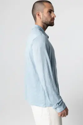 Chemise Bleu Clair Col Chemise Manches Longues en Lin / Elasthanne — photo 2