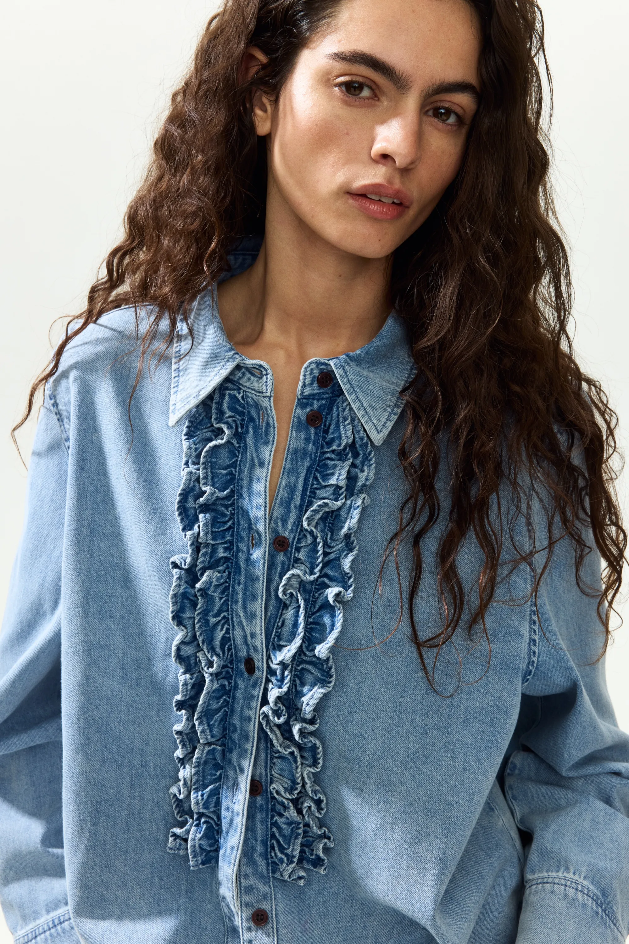Chemise volantée en denim - Bleu denim