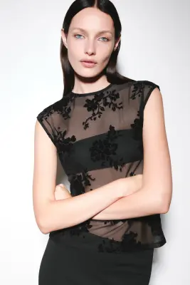 Top en mesh à motif floqué - Noir — photo 1
