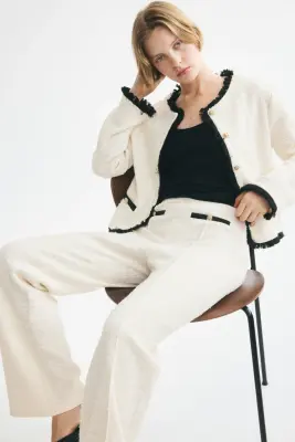 Pantalon en maille bouclette avec taille élastique - Crème — photo 1
