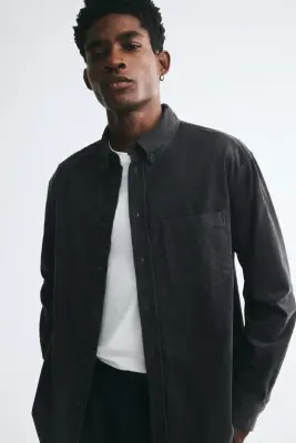 Chemise Regular Fit en velours côtelé - Gris denim foncé — photo 3