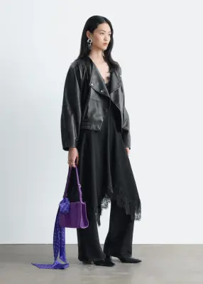 Veste style bomber à manches chauve-souris en cuir - Noir — photo 4
