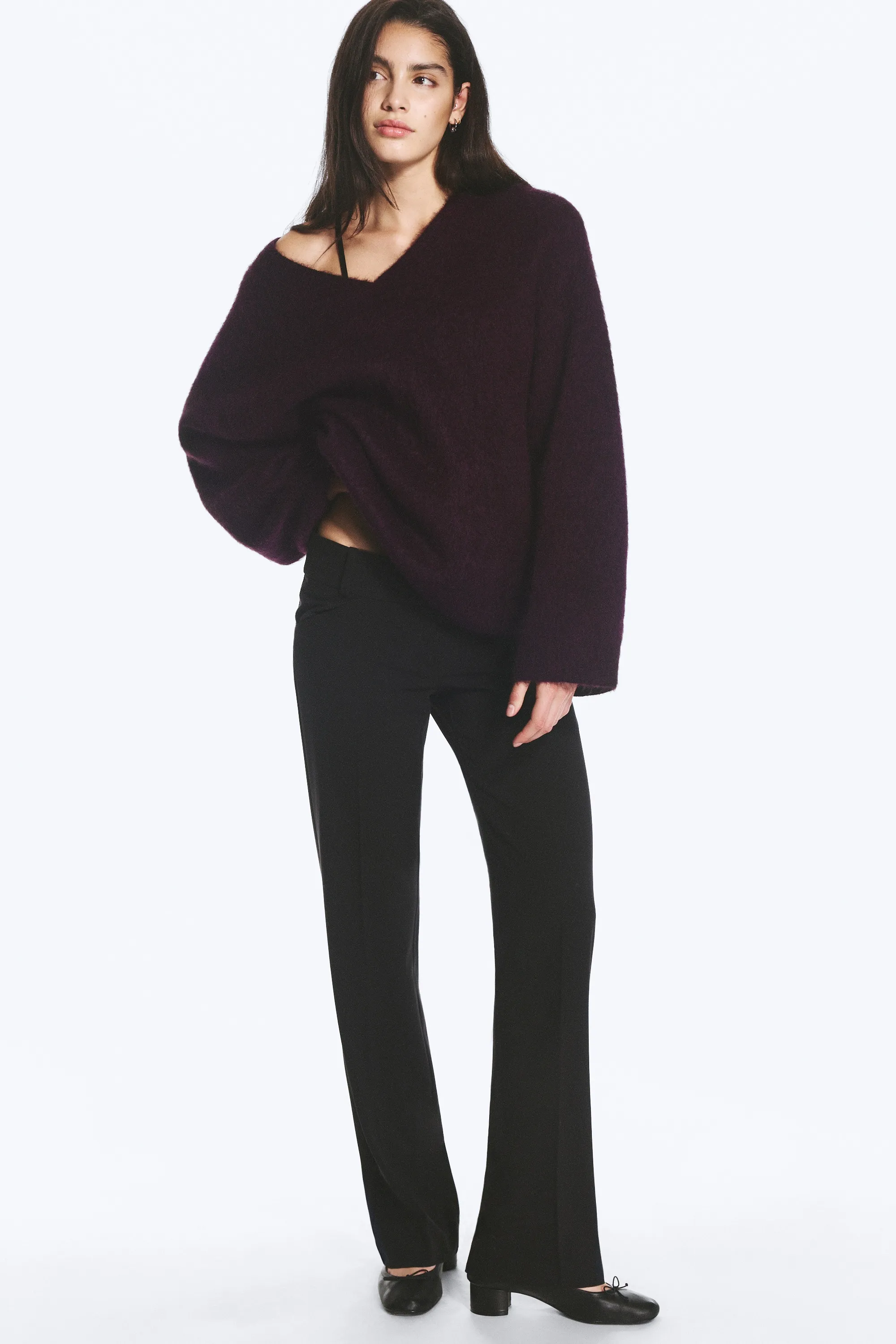 Pull col en V mélangé mohair - Lilas foncé