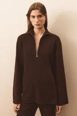 Pull en maille fine avec col zippé - Marron foncé — photo 3