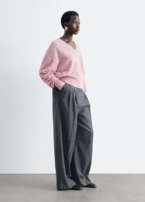 Pull à col en V côtelé en laine et en coton - Rose — photo 4