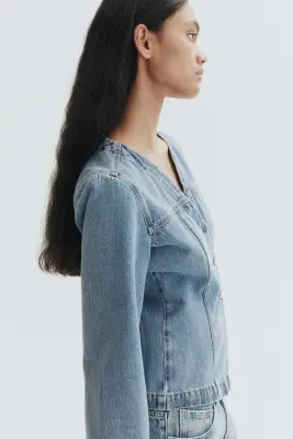 Veste à encolure en V en denim - Bleu denim clair — photo 2