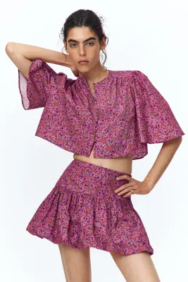 Blouse courte en coton - Rose foncé/fleuri — photo 2