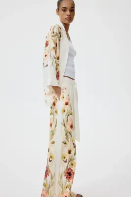 Pantalon en viscose avec cordon de serrage - Crème/fleuri — photo 4