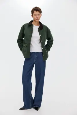 Oversized corduroy-collar jacket - Vert foncé — photo 2