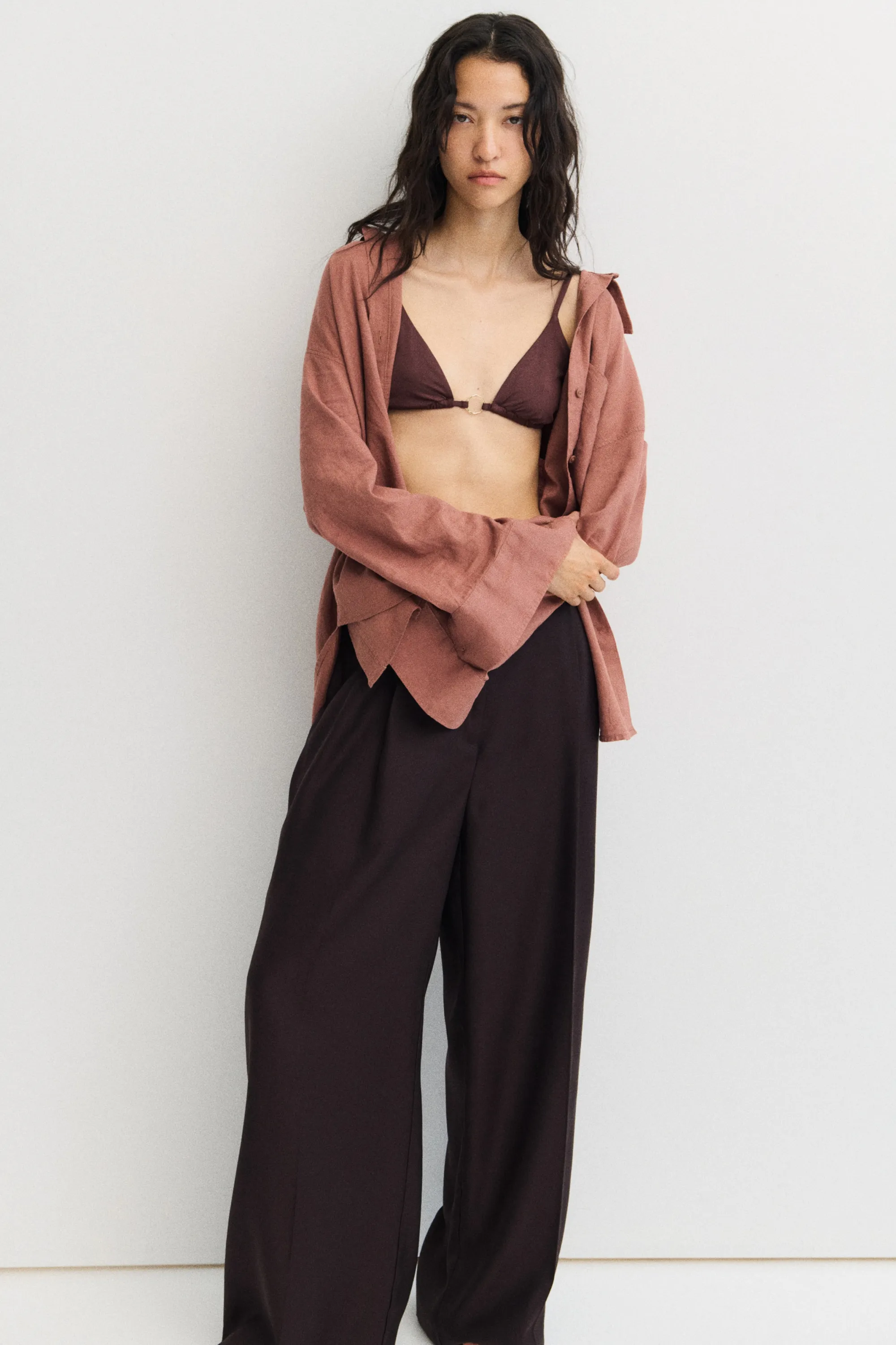 Chemise oversize en lin mélangé - Brun rouille